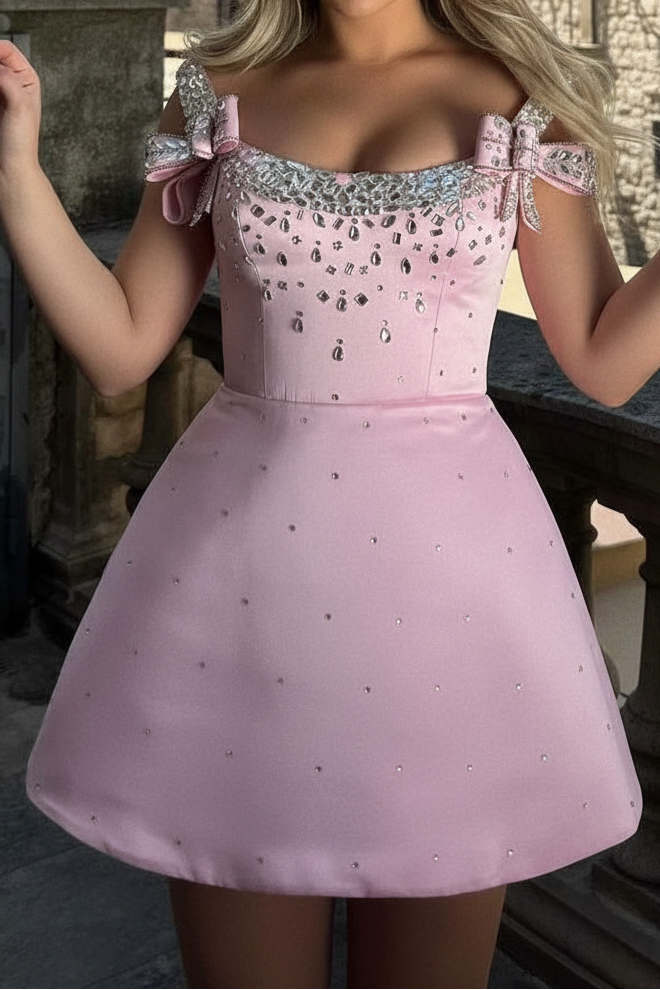 Crystal Embellished Off-the-Shoulder Bow Mini Dress