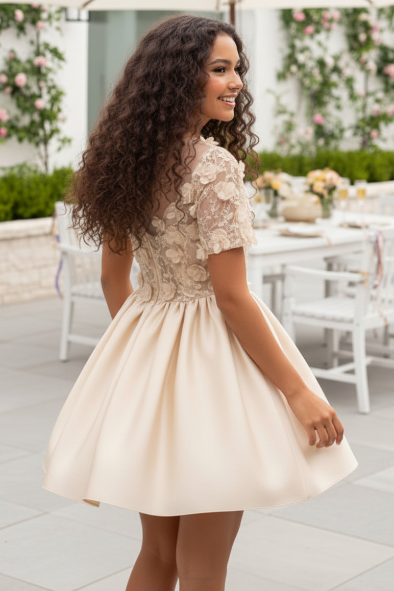 Floral Applique Plunge Short Sleeve Satin Mini Dress