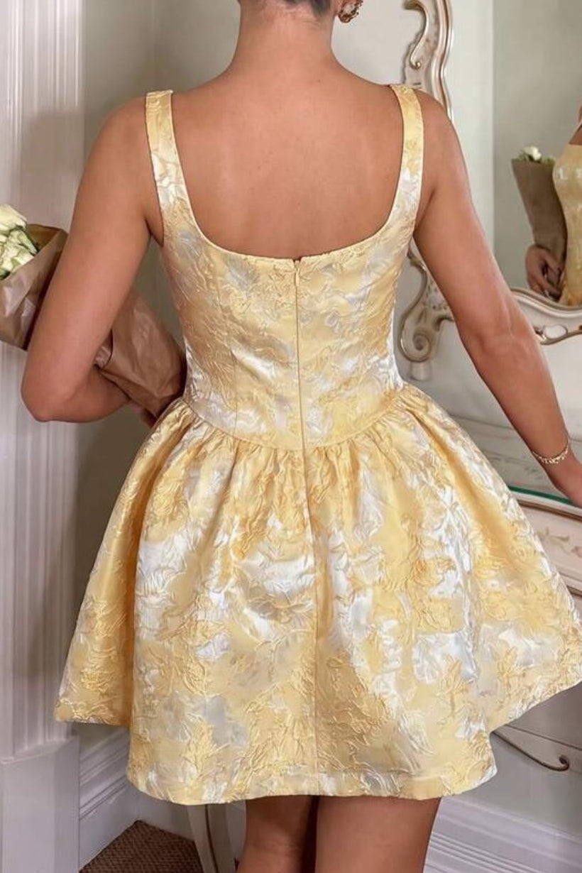 Jacquard Basqued Mini Dress with Square Neck