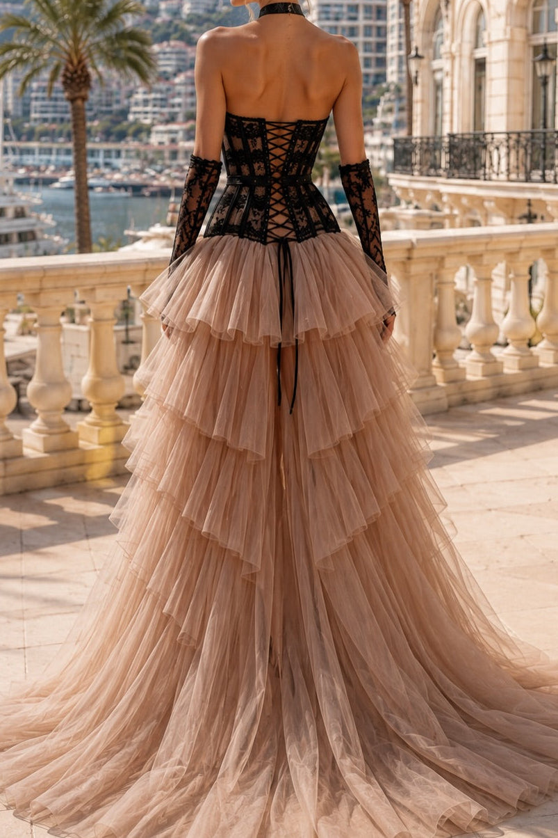 Lace Corset High-Low Tiered Tulle Gown
