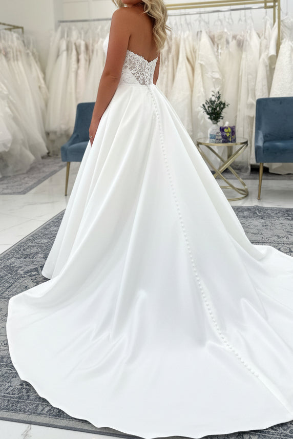 Strapless Lace Bodice Satin Ball Gown Wedding Dress