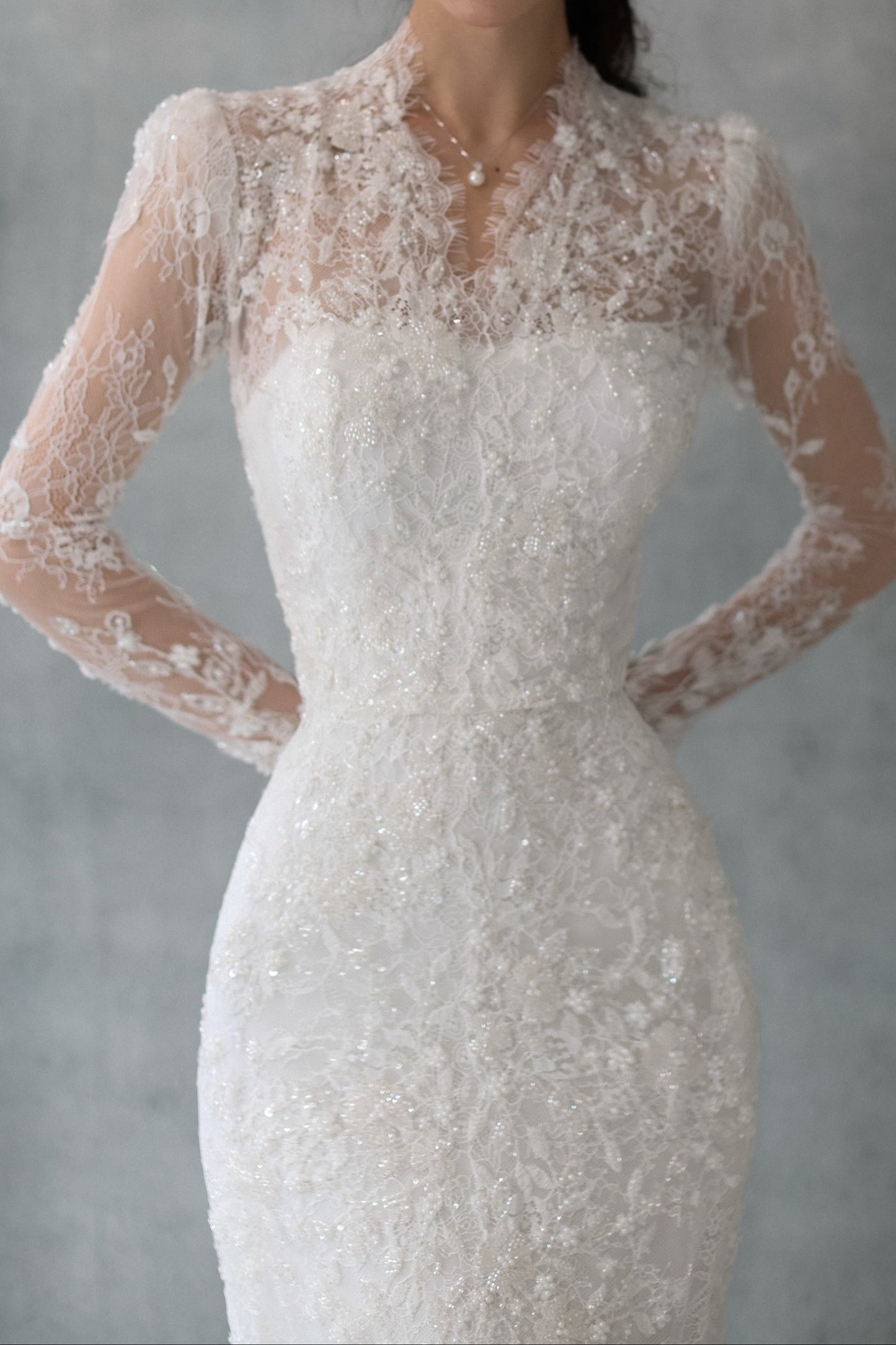 High-Neck Long-Sleeve Lace Fit and Flare Wedding Dress