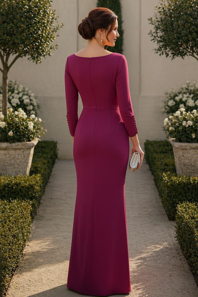 Square Neck Ruched Evening Gown with Slit