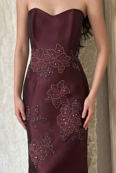 Lace Capelet Ankle-Length Column Dress with Beading