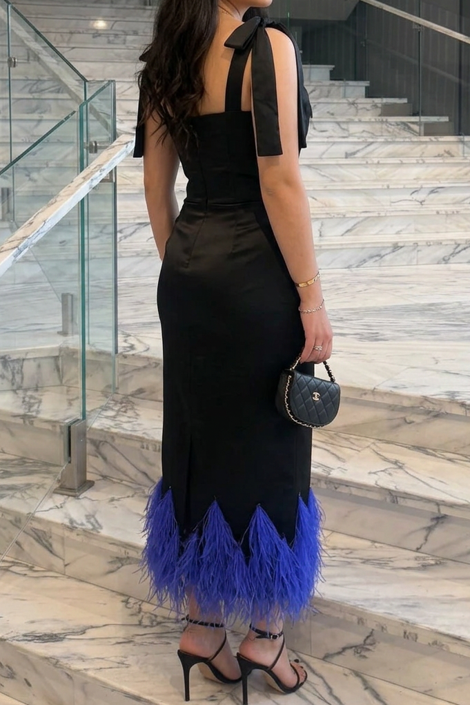 Midi Dress with Feather Trim and Tie Straps