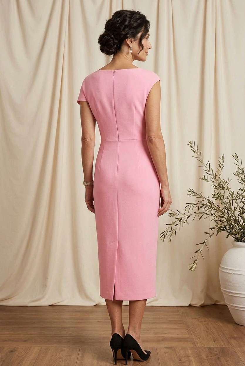 Pleated Bodice Midi Sheath Dress with Cascade Drape