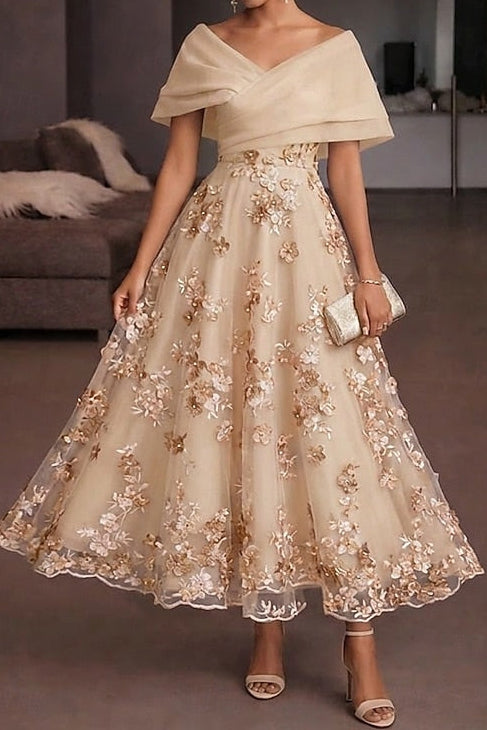 Off-Shoulder 3D Floral Tea-Length Evening Dress