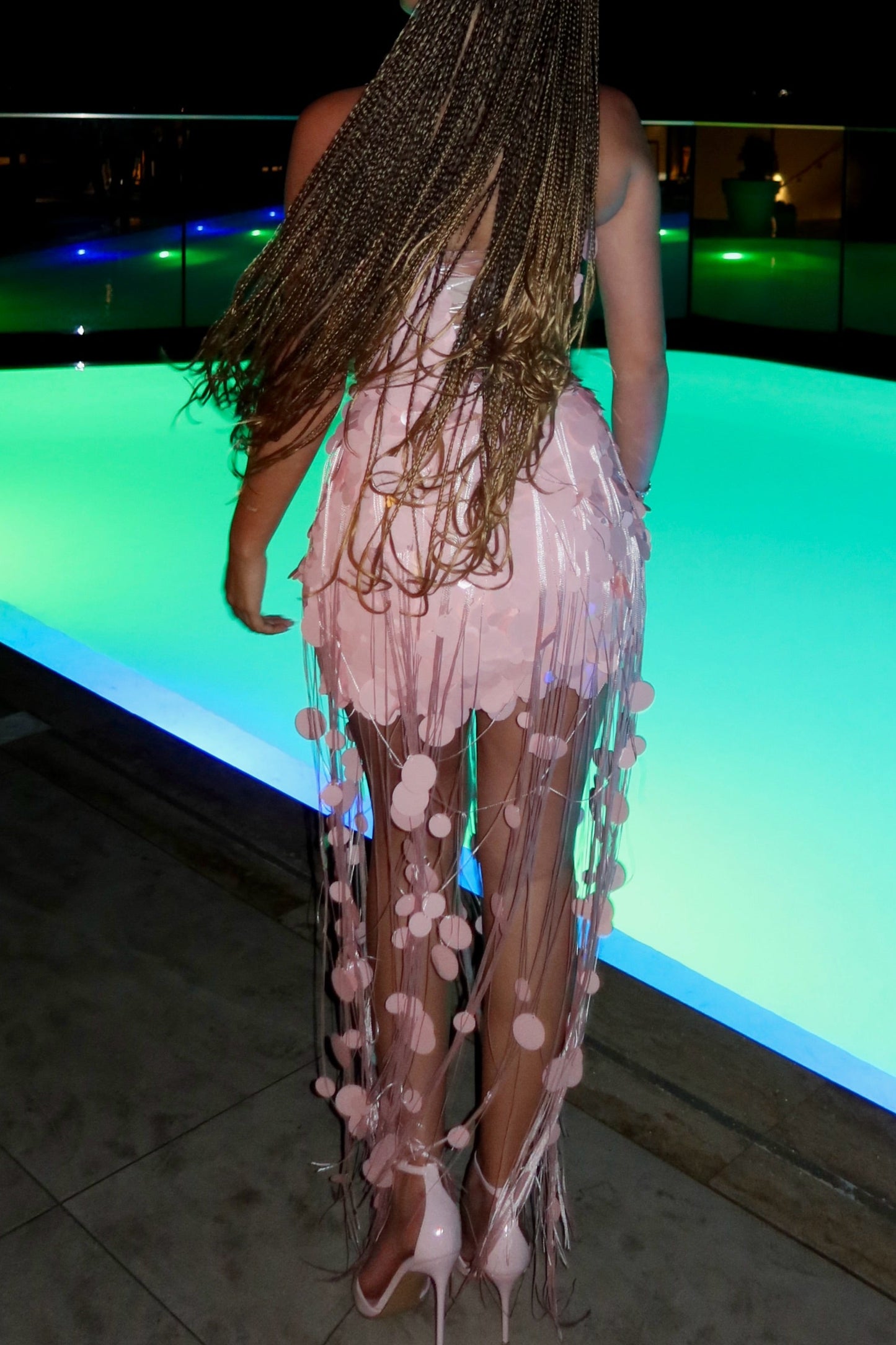 Strapless Disc Fringe Mini Dress
