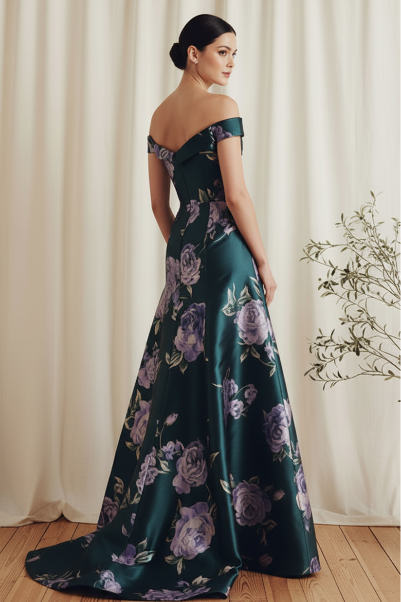 Floral Off-the-Shoulder Crossover Evening Gown