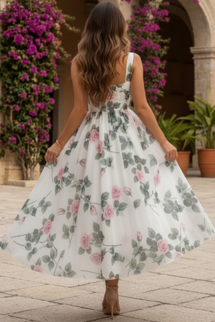 Floral Print A-Line Corset Midi Dress