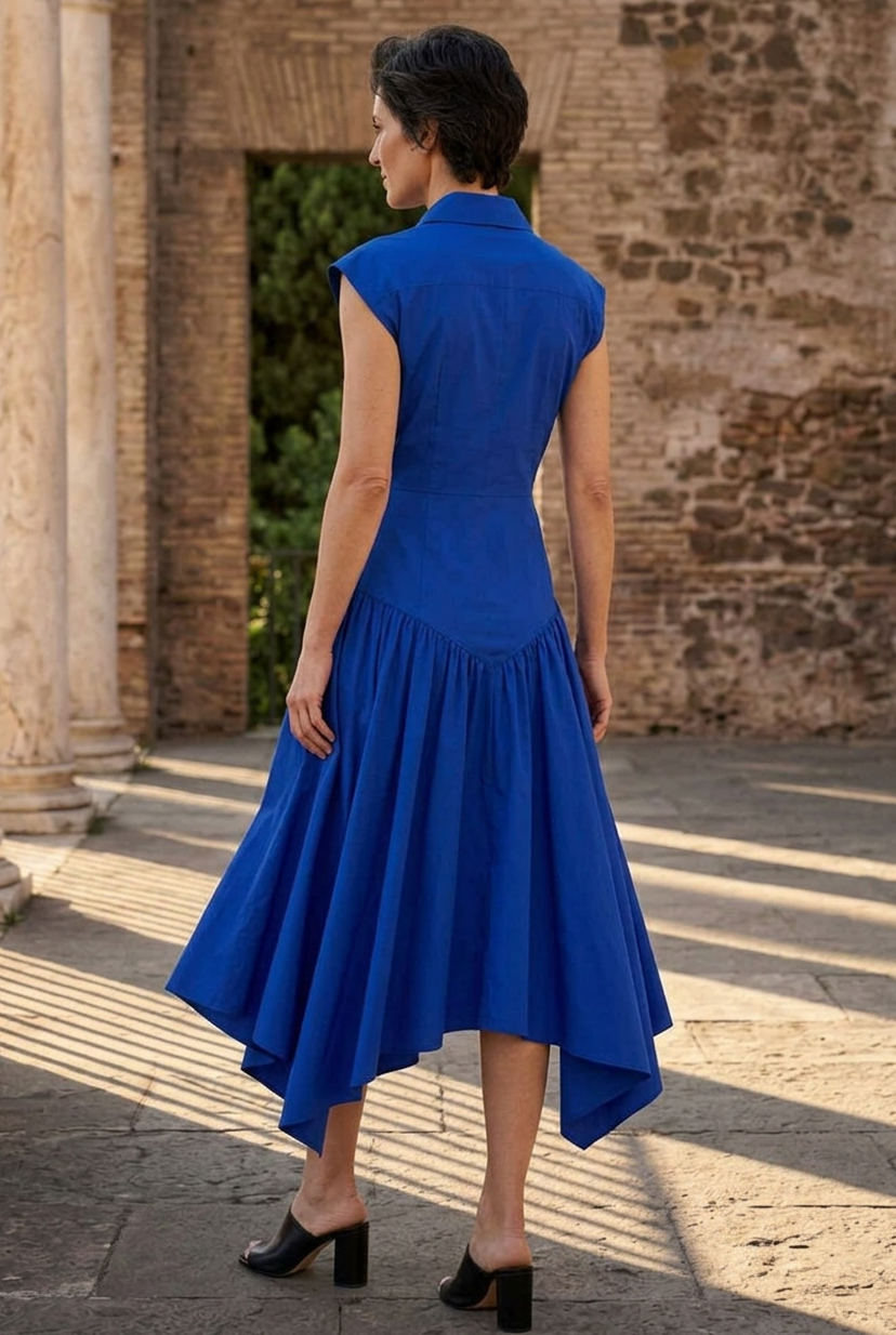Asymmetric Hem Collared Shirtdress