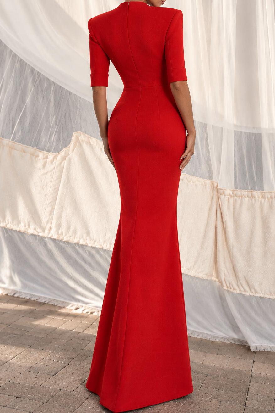 Elbow Sleeve Plunging Slit Neckline Evening Gown