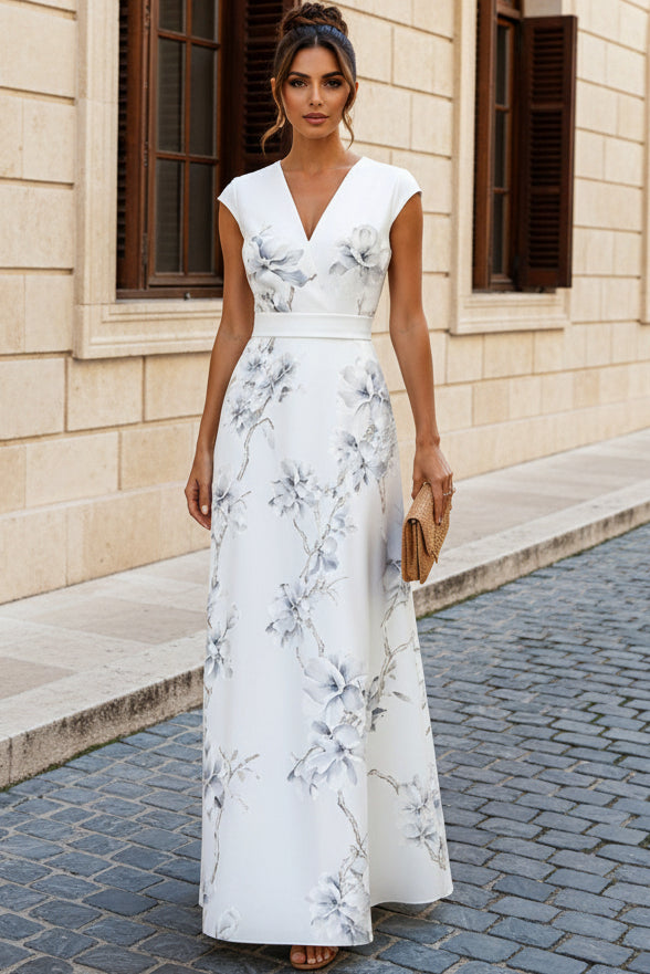 Floral Print A-Line Maxi Dress with Cap Sleeves