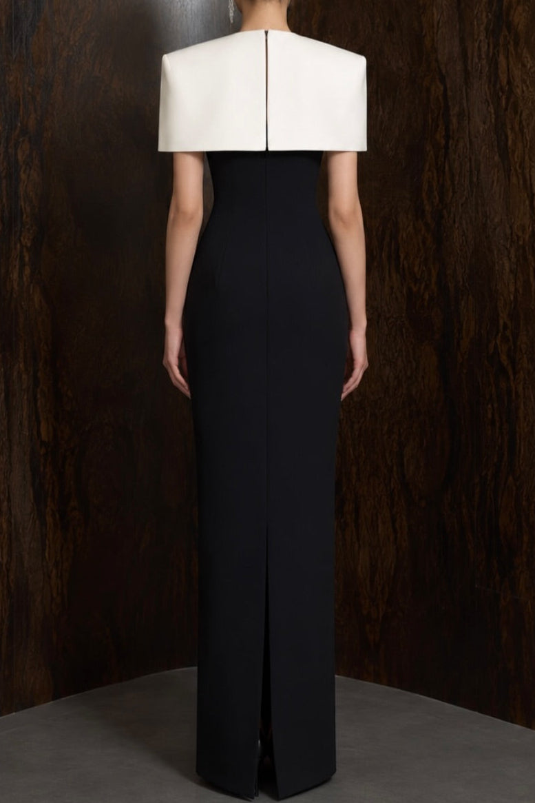 Column Evening Gown with Structured Capelet Bodice