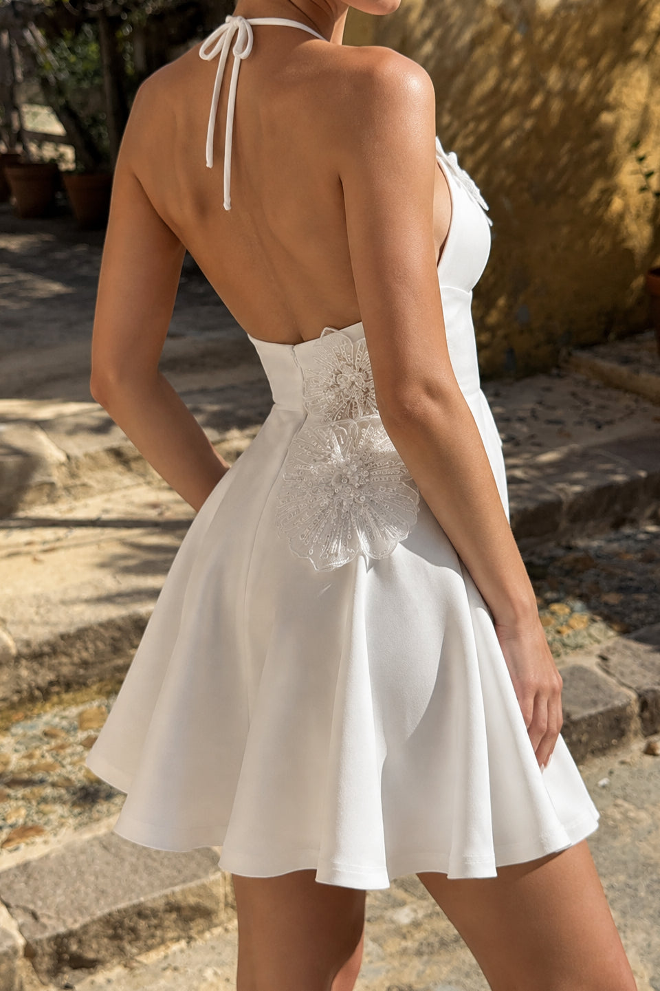 Halter Mini Dress with Floral Sequin Appliques