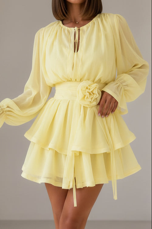Tiered Long Sleeve Mini Dress with Rosette Waistband
