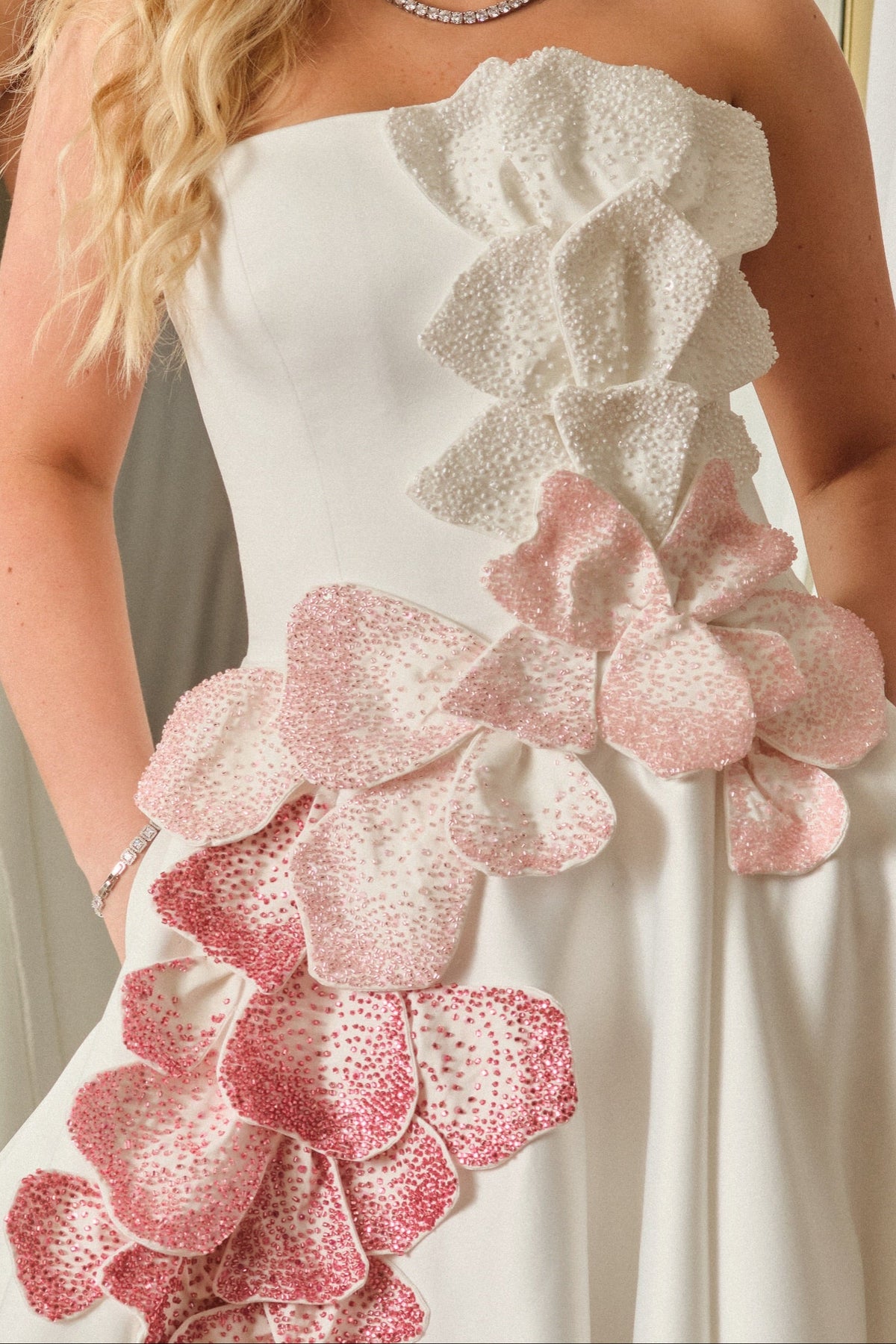 Strapless A-Line Gown with 3D Beaded Floral Petals