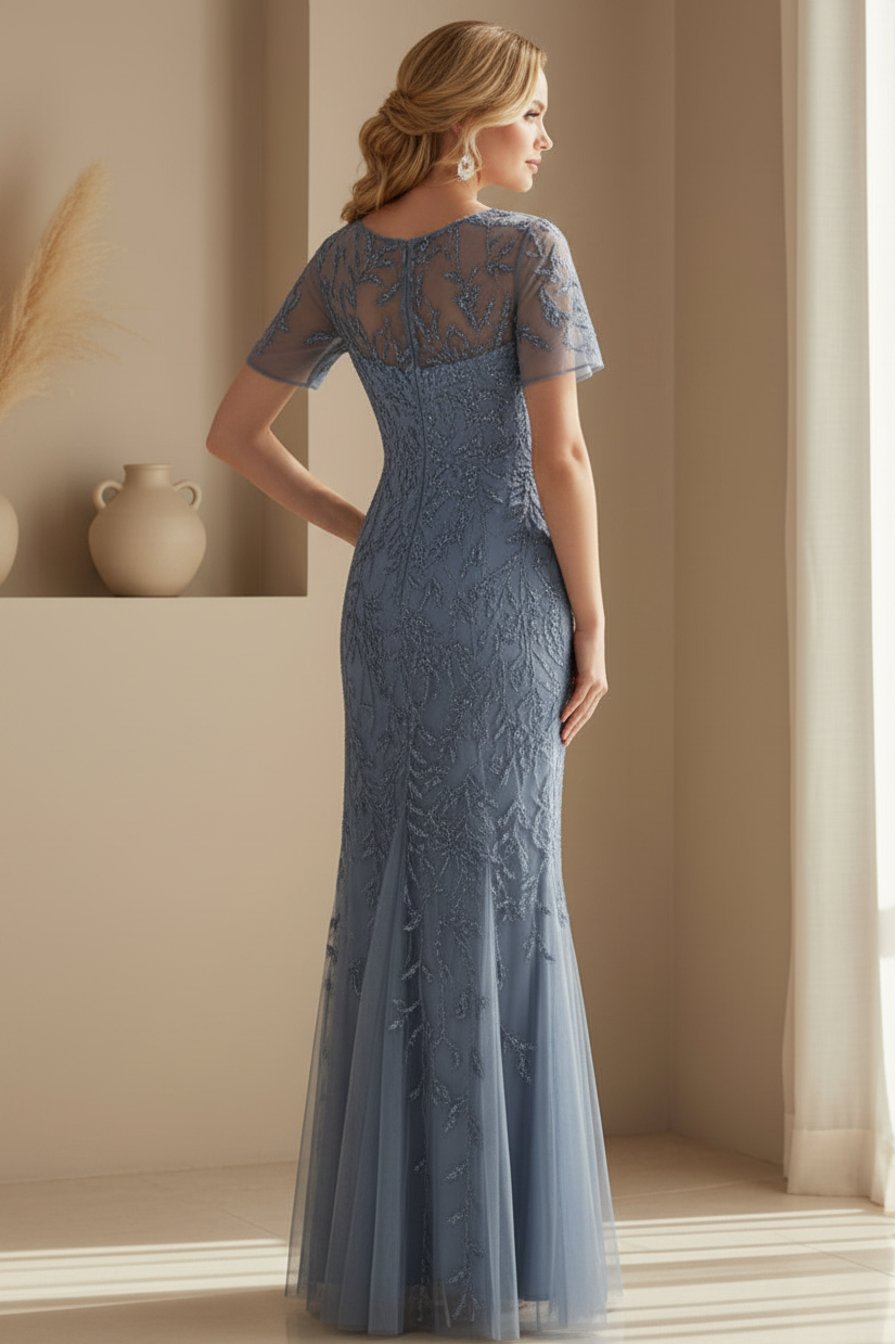 Sequin Leaf Embroidered Illusion Gown