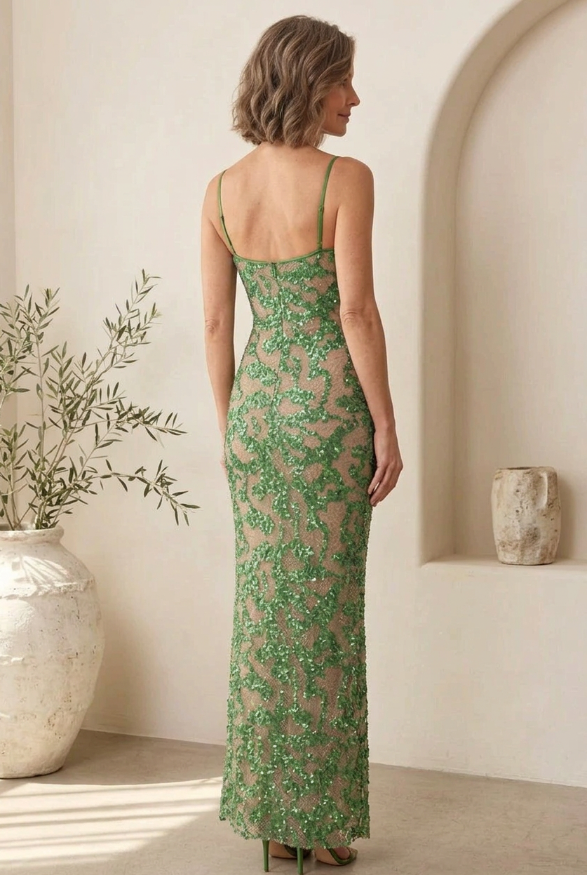 Sequined Floral Lace Maxi Column Dress
