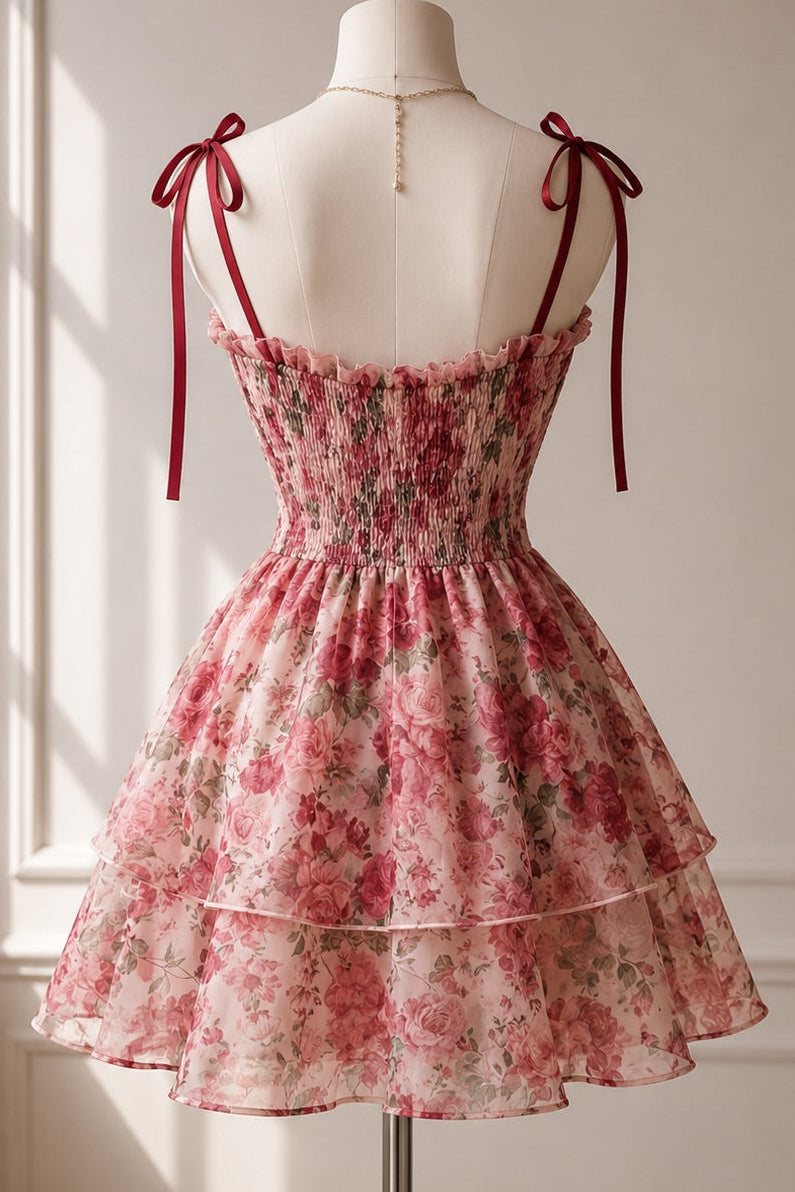 Floral Print Tie-Strap Corset Mini Dress with Tiered Skirt