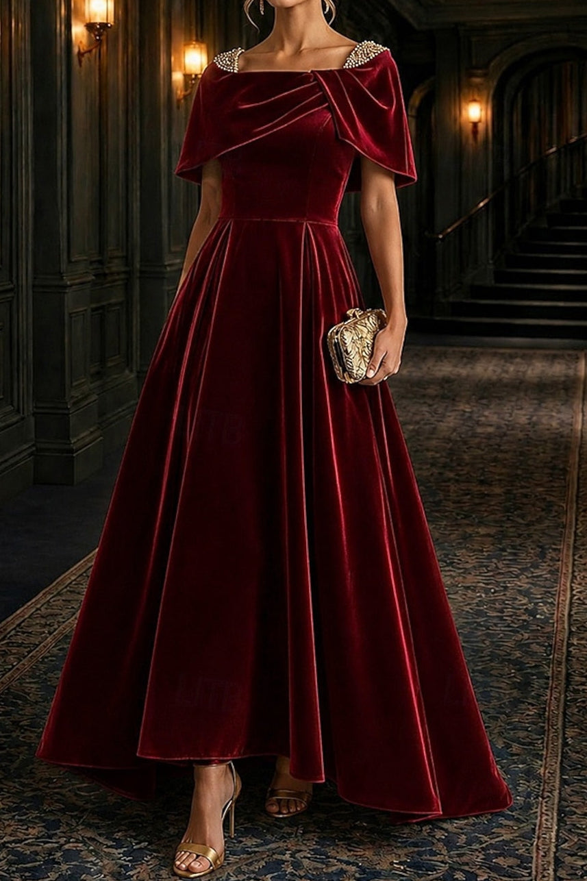 Velvet Off-the-Shoulder Evening Gown with Capelet – Laxag