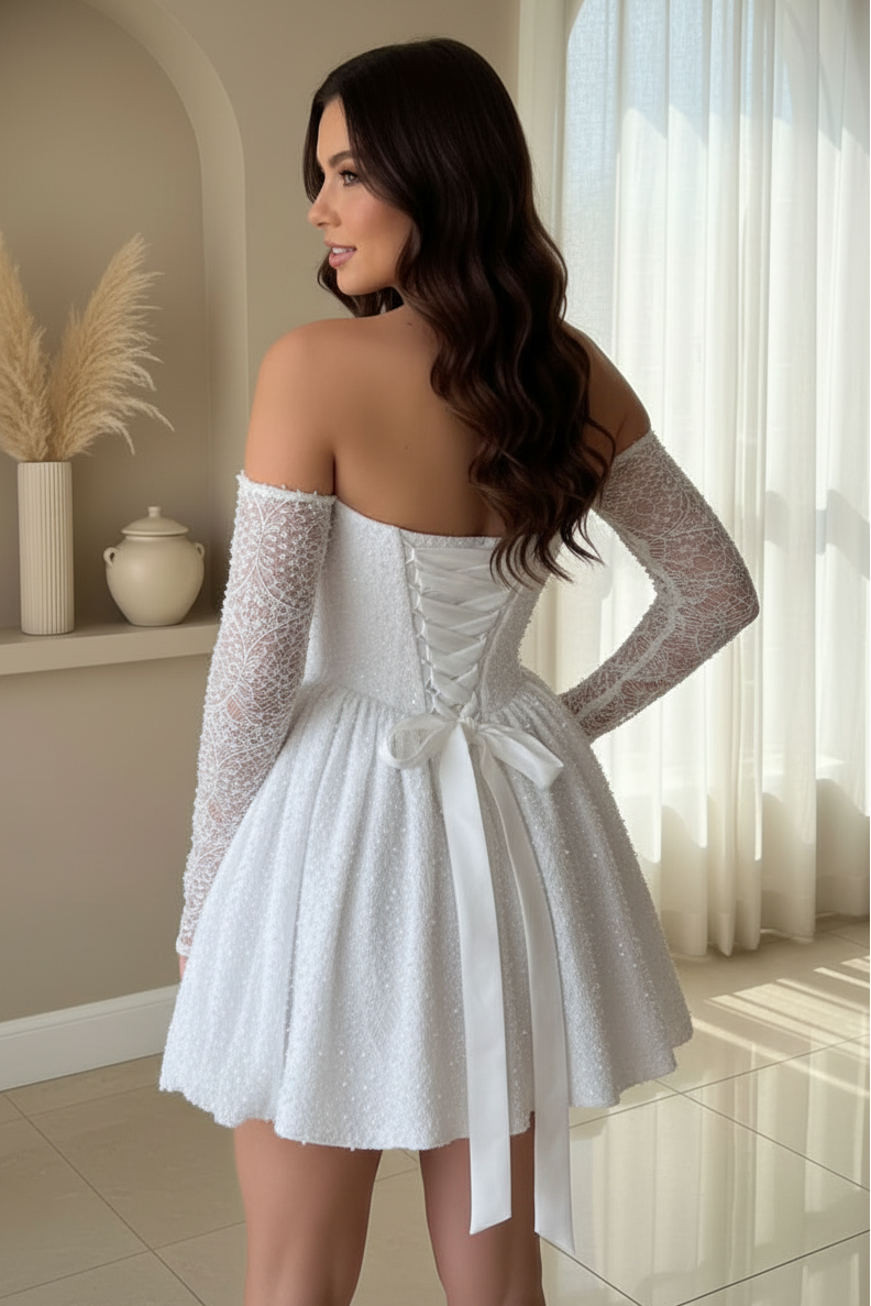 Off-the-Shoulder Pearl Beaded Lace Mini Dress