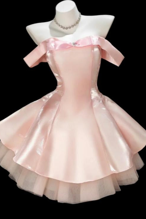 Off-the-Shoulder Satin Mini Dress with Bow & Tulle Hem