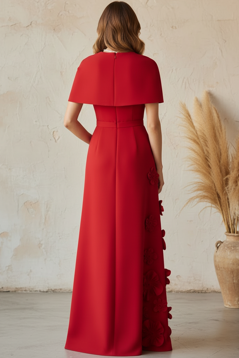 Cape Sleeve Evening Gown with 3D Flowers