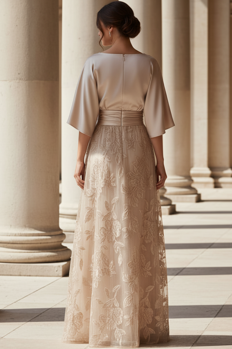 Bateau Neck Satin and Embroidered A-Line Gown