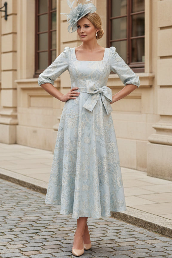 Elegant Square Neck Jacquard Midi Dress