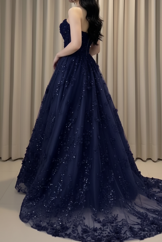 Strapless Sequin and 3D Flower Ball Gown