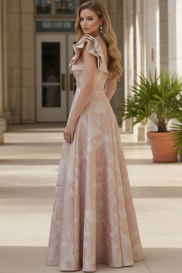 One-Shoulder Ruffle Jacquard A-Line Gown