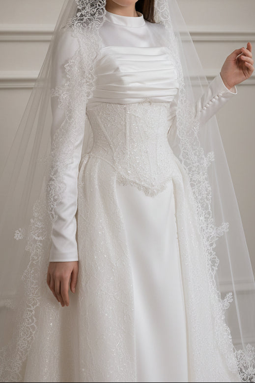 Long Sleeve High Neck Wedding Dress with Corset Waist