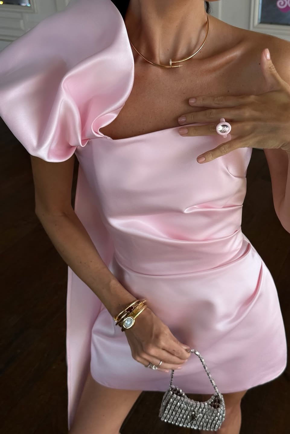One-Shoulder Satin Mini Dress with Dramatic Drape