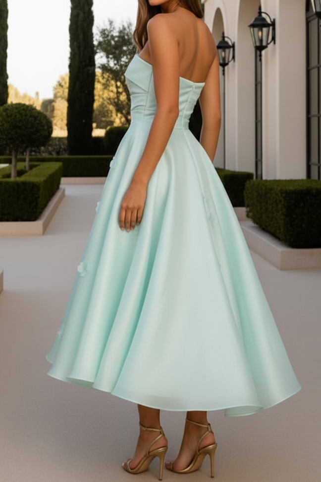 Strapless Pleated Tea-Length A-Line Dress with 3D Flowers