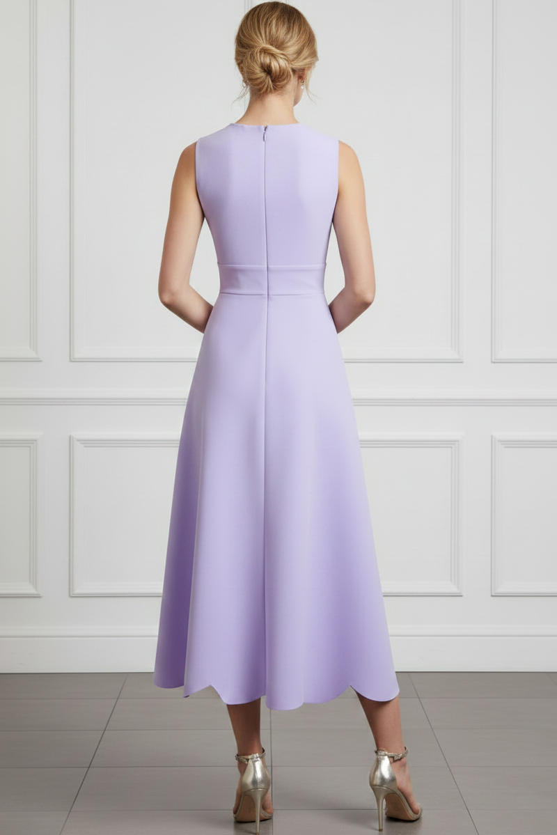 Elegant Scalloped V-Neck Midi Dress with Bow