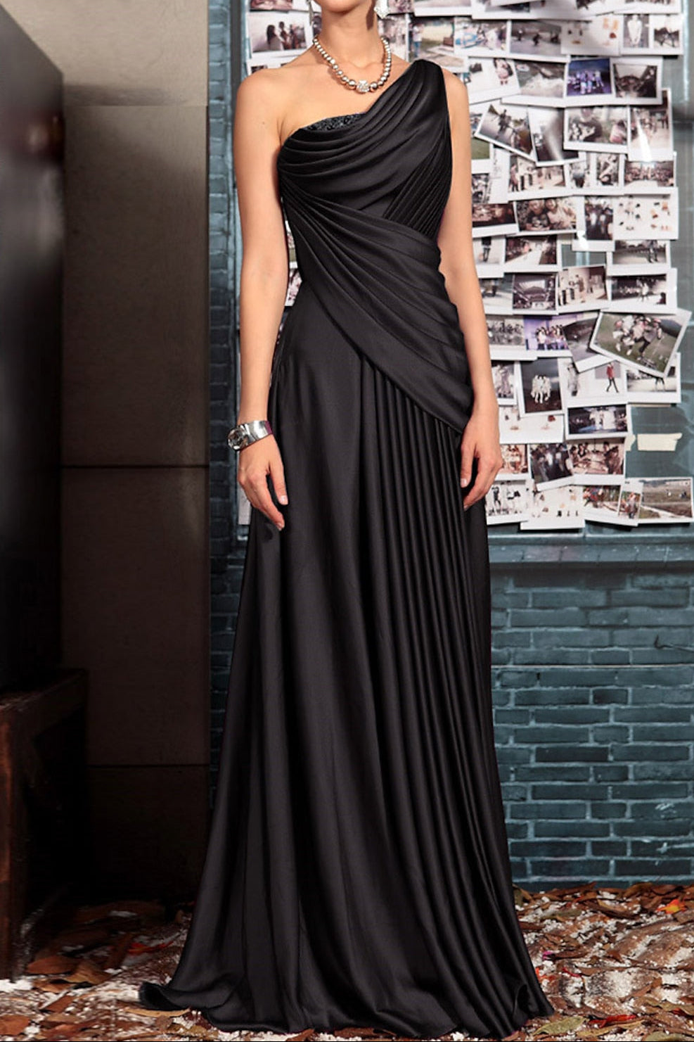 One Shoulder Pleated Satin Evening Gown