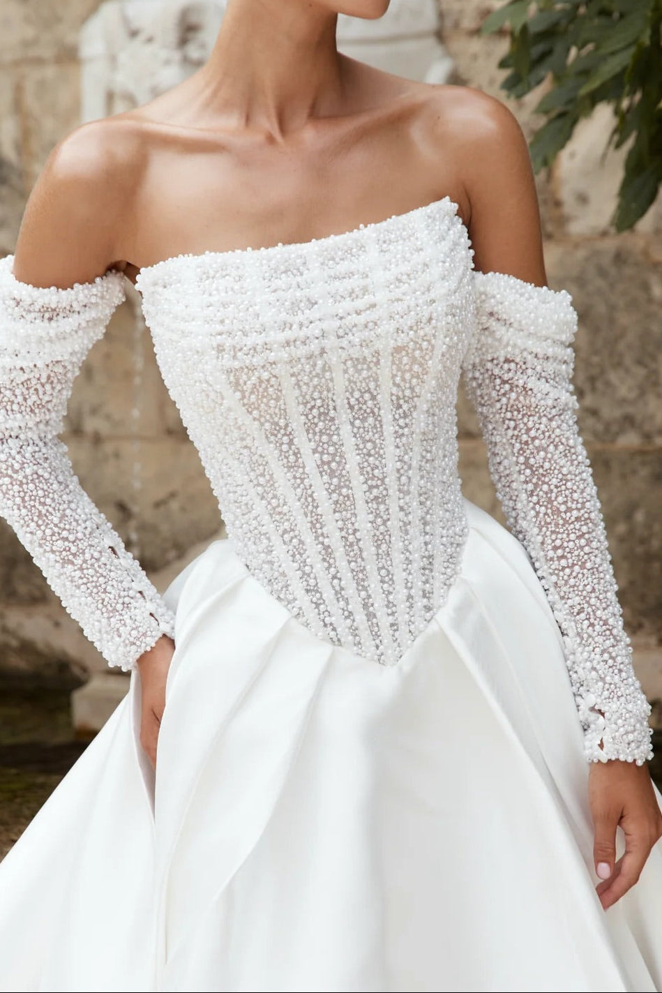 Off-the-Shoulder Pearl Corset Ball Gown Wedding Dress