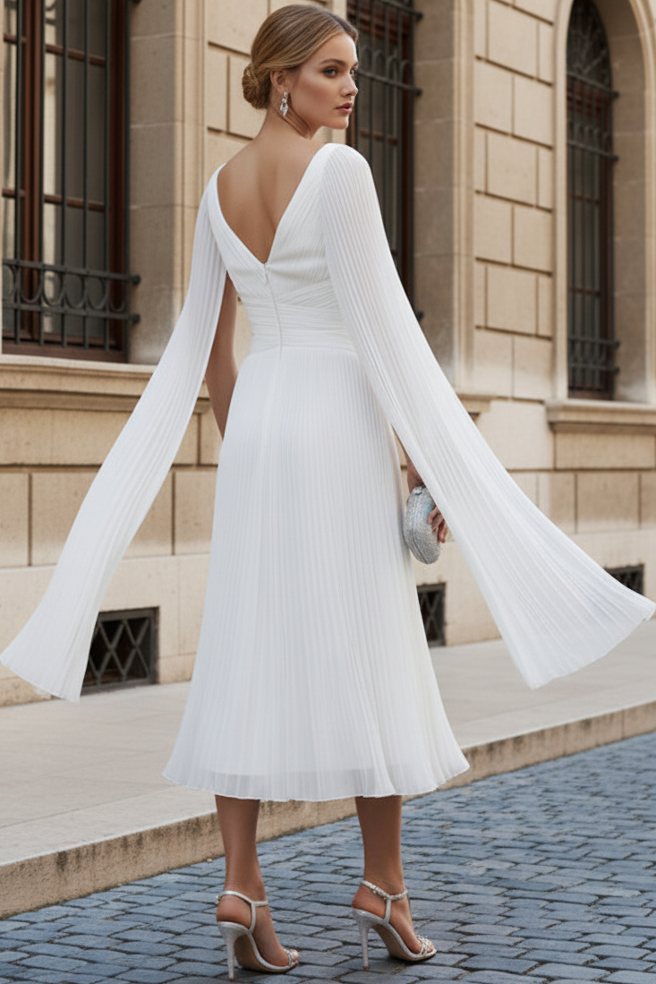 Pleated Cape Sleeve V-Neck Midi Dress