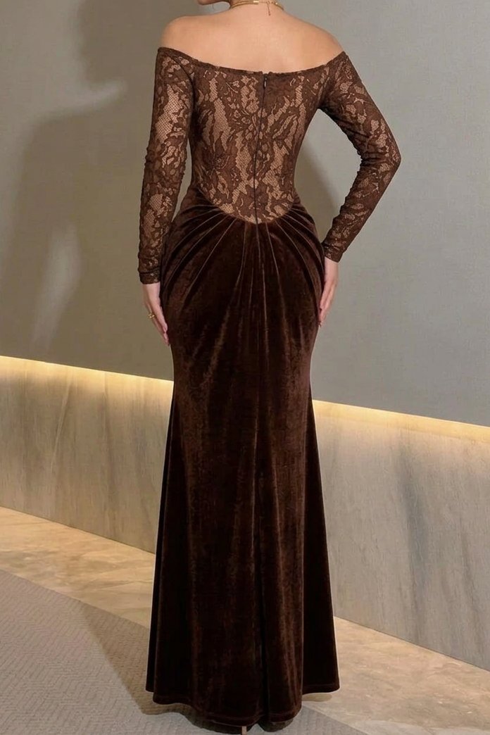 Off-the-Shoulder Lace and Velvet Evening Gown
