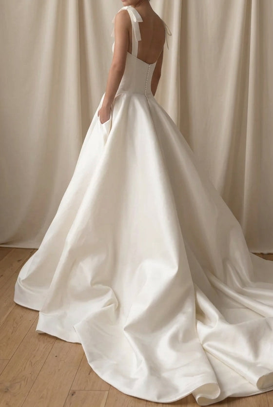 Satin Ball Gown Wedding Dress with Bow Straps