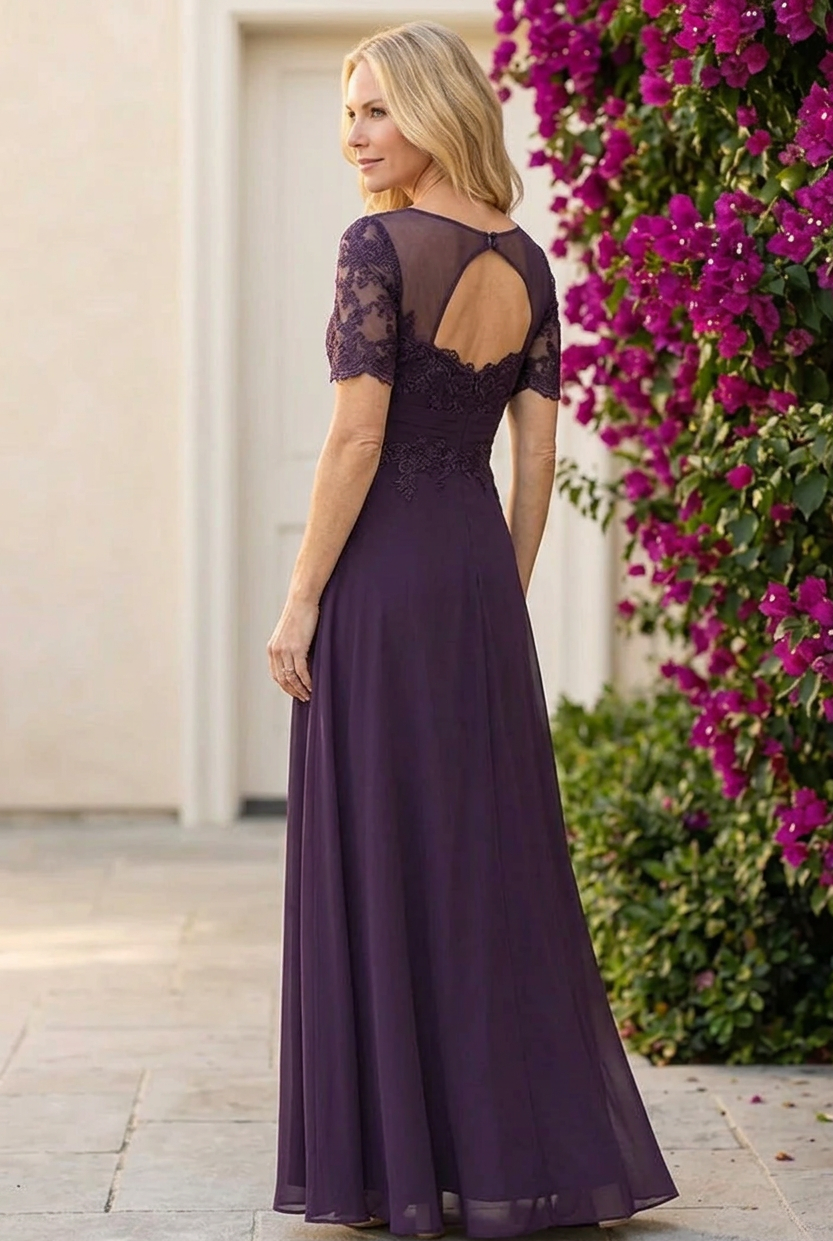 Lace Illusion Neck A-Line Gown with Short Sleeves
