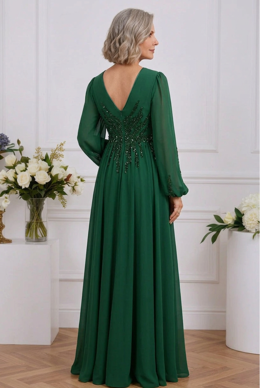 Beaded V-Neck A-Line Gown with Bishop Sleeves