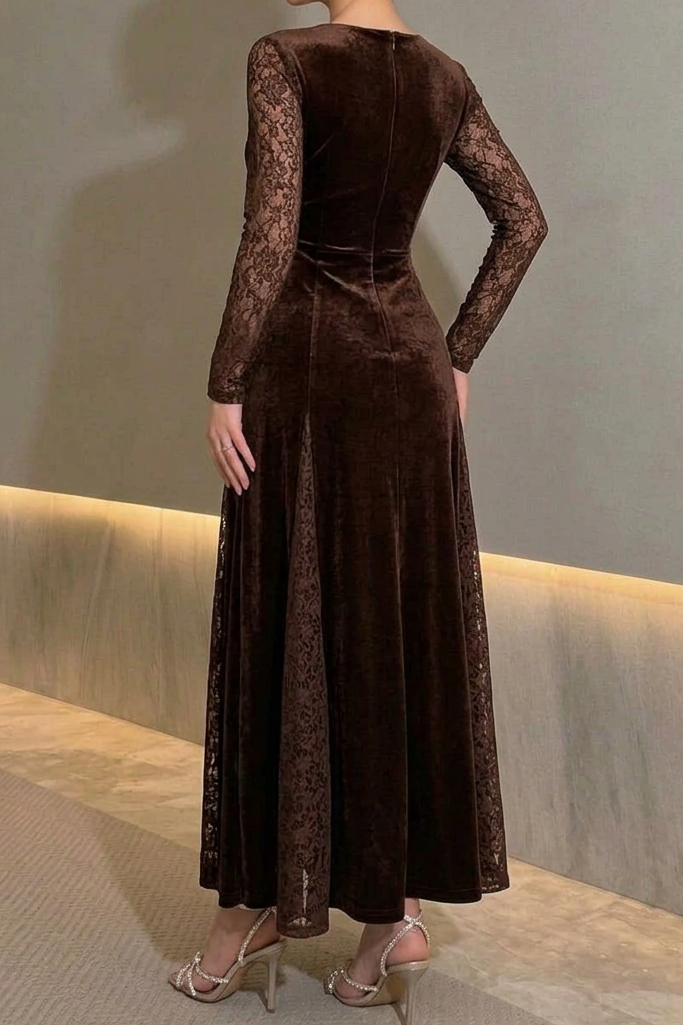 Velvet Maxi Evening Dress with Lace Sleeves and Cut-Out