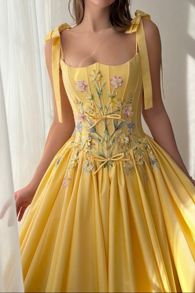 Embroidered Corset A-Line Ball Gown with Bow Straps