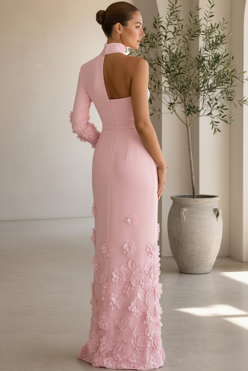 Asymmetric High Neck Floral Column Gown