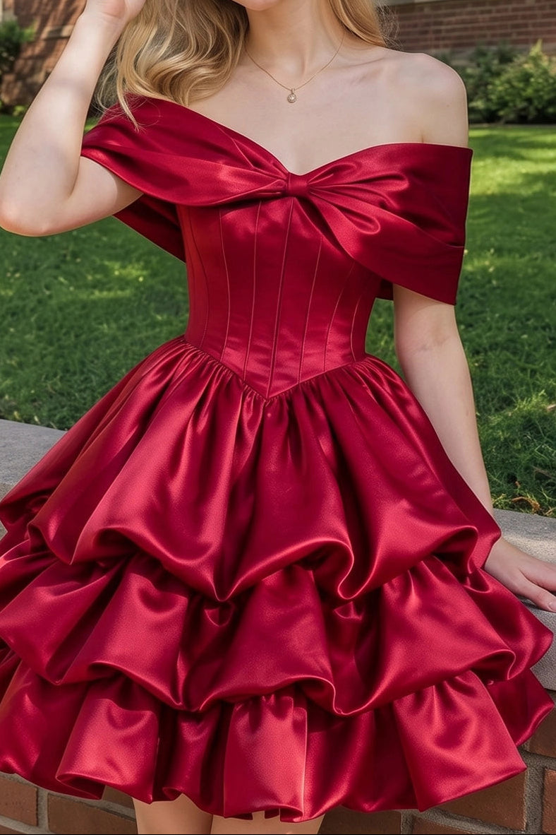Off-the-Shoulder Bow Corset Tiered Mini Dress