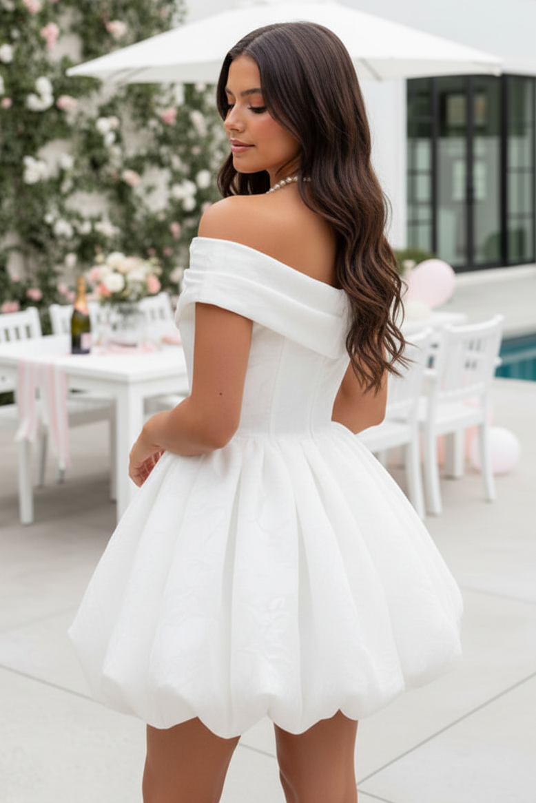 Off-the-Shoulder Floral Jacquard Bubble Mini Dress