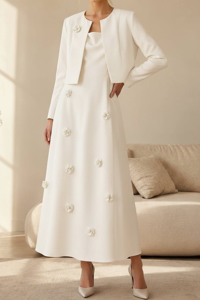 A-Line Dress & Cropped Jacket Set with 3D Florals