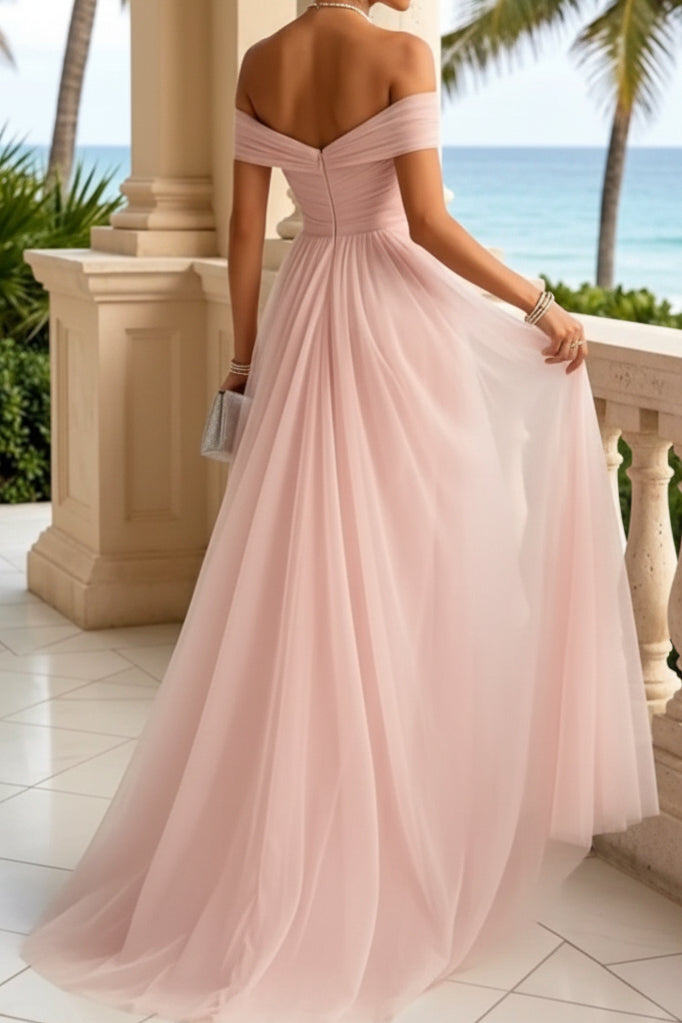 Off-The-Shoulder Ruched Tulle Evening Gown